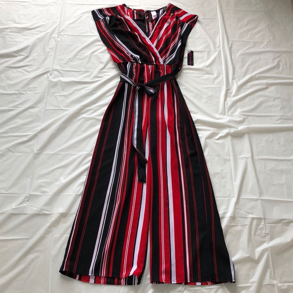 Juniors Wrap Stripe Jumpsuit With Tie Front